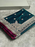Peacock Teal Banarasi Silk Saree with Silver Zari Border & Contrast Magenta Accent