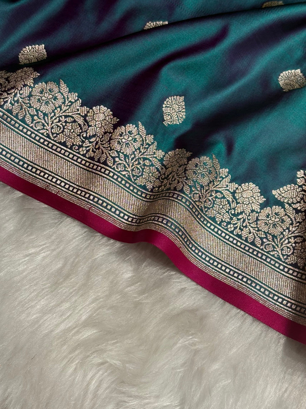 Peacock Teal Banarasi Silk Saree with Silver Zari Border & Contrast Magenta Accent