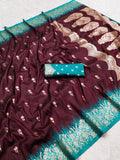 Wine Maroon Silk Saree with Gold Zari Butta & Teal Green Floral Border Pallu