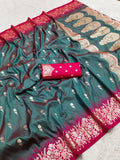 Bottle Green Silk Saree with Gold Zari Butta & Rani Pink Floral Border Pallu