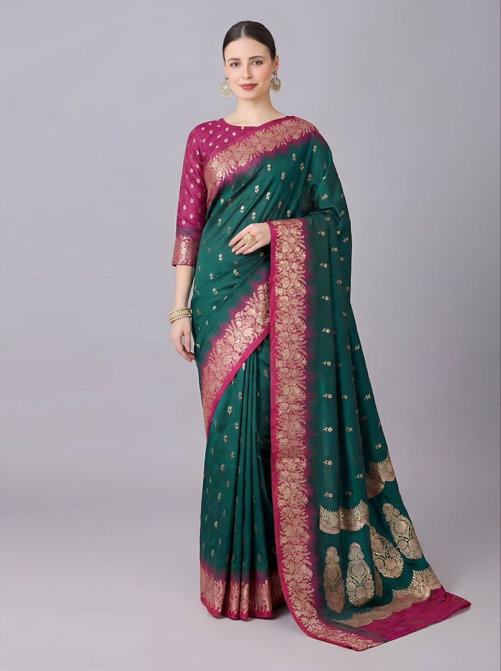 Bottle Green Silk Saree with Gold Zari Butta & Rani Pink Floral Border Pallu