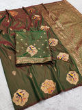 Olive Coffee Green Banarasi Silk Saree with Handwoven Bird Motifs & Antique Zari Border