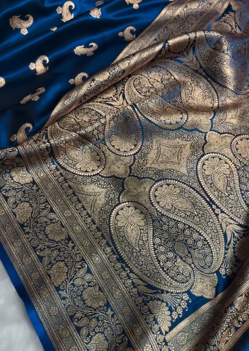 Royal Navy Blue Banarasi Silk Saree with Antique Gold Zari Motifs & Rich Woven Border