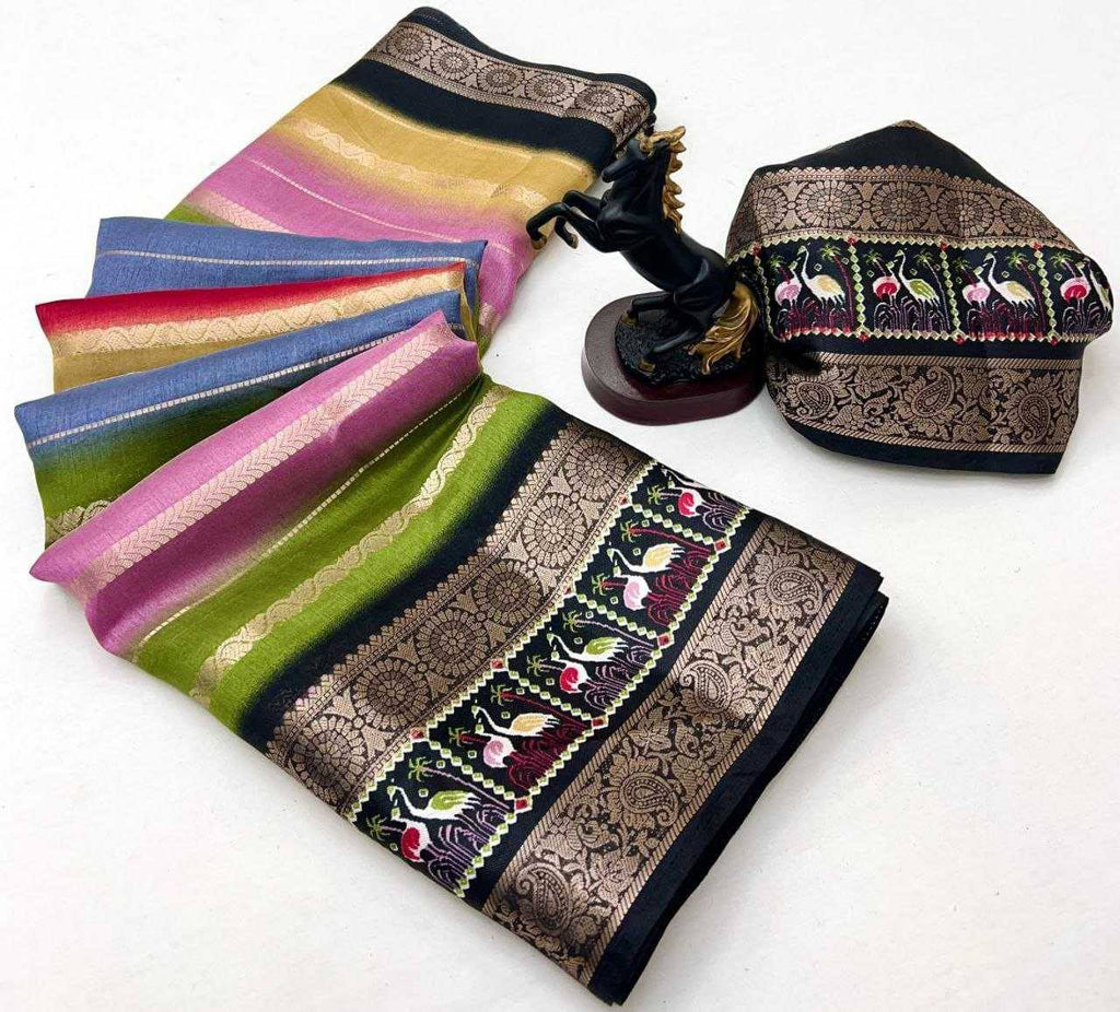 Multicolor Premium Luxury Silk Saree with Artistic Kalamkari Border & Antique Zari Finish