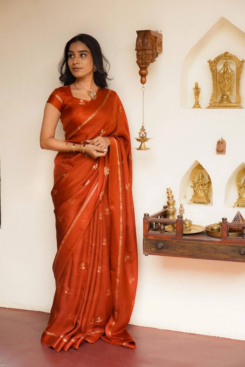 Burnt Orange Premium Luxury Silk Saree with Subtle Gold Zari Booti & Elegant Border