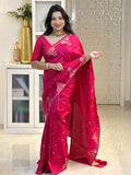 Rani Pink Silk Saree with Elegant Zari Butti & Designer Woven Border | Premium Festive & Wedding Wear