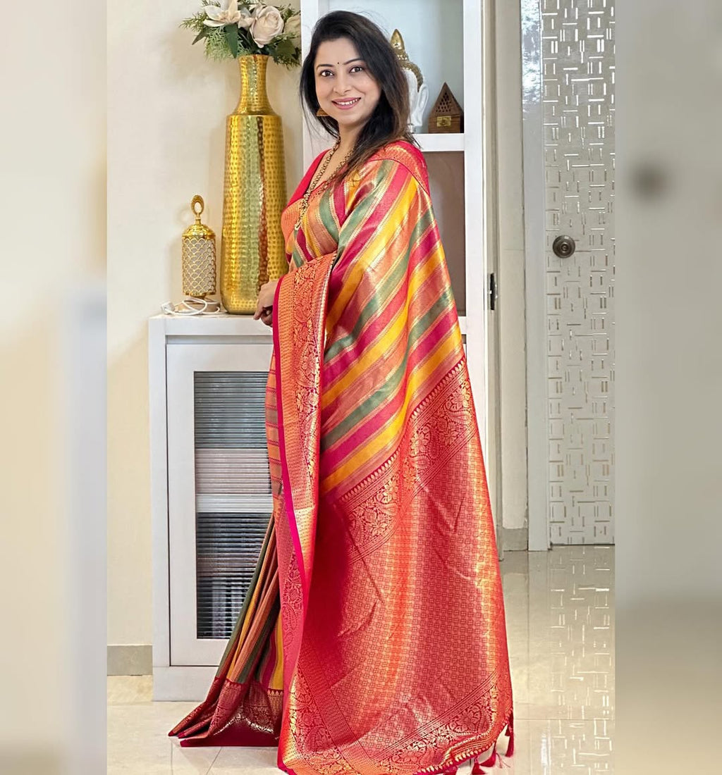 Premium Multicolor Kanjivaram Silk Saree with Pink Contrast Border & Rich Zari Weaving
