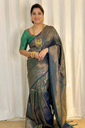 Luxury Peacock Blue Kanjivaram Silk Saree with Antique Gold Floral Weaving & Rich Pallu