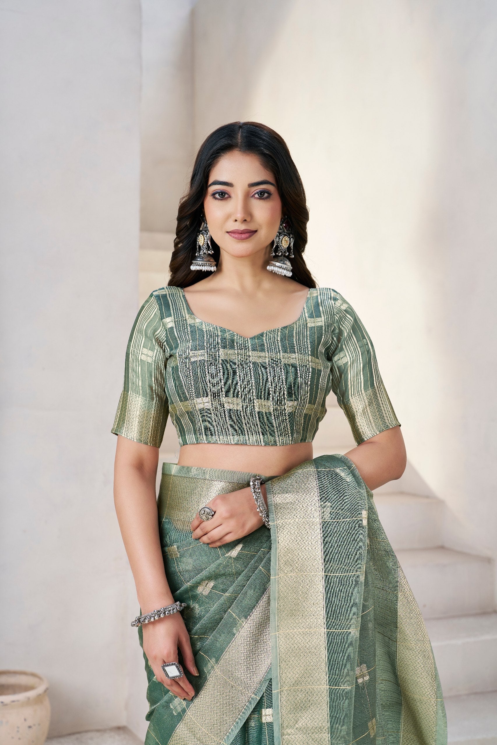 Sage Olive Banarasi Silk Saree with Golden Zari Checks