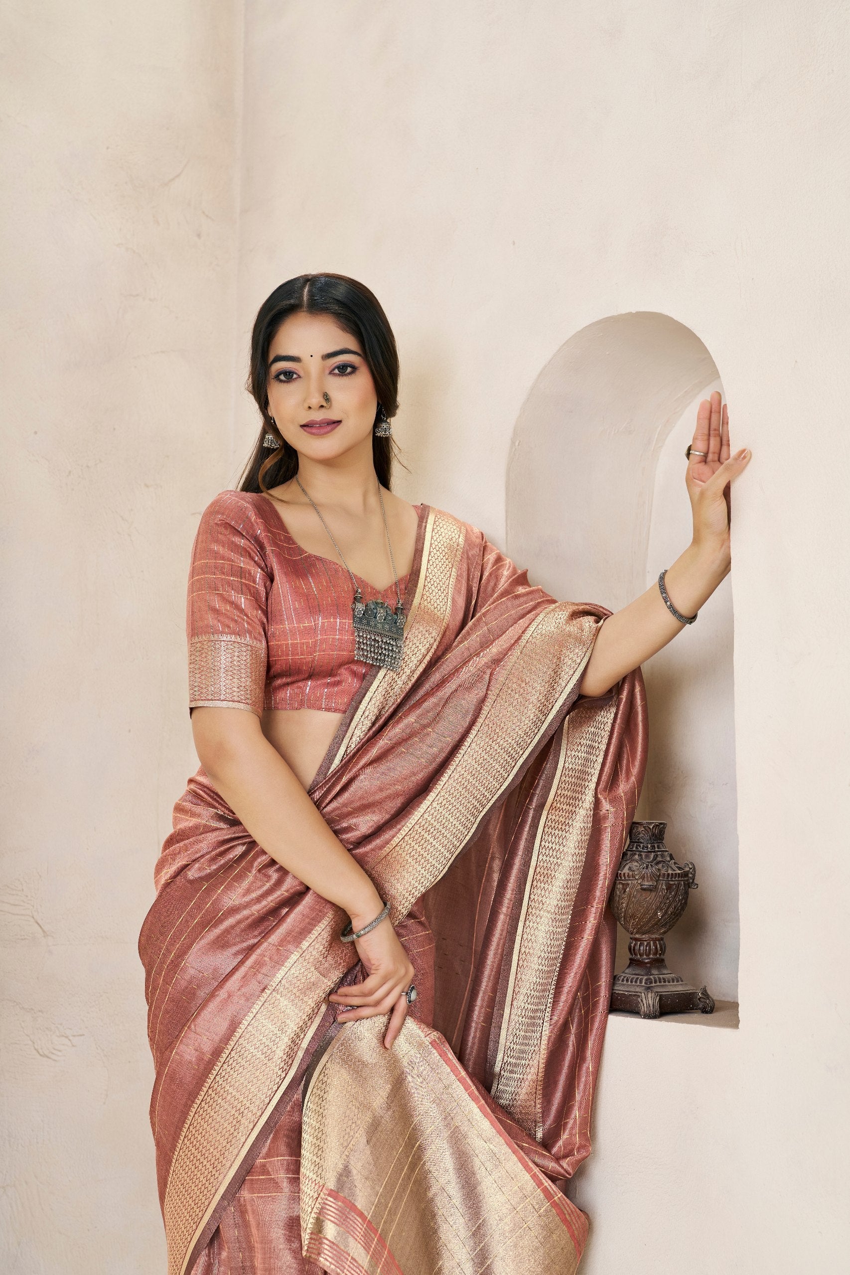 Rose Gold Banarasi Silk Saree with Rich Metallic Zari Border