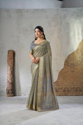Olive Grey Banarasi Silk Saree with Antique Gold Zari Border