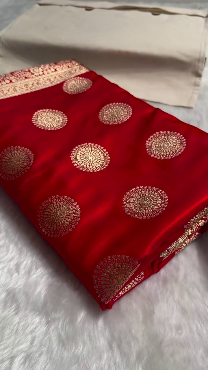Bright Red Banarasi Silk Saree with Gold Zari Circular Medallion Motifs & Rich Woven Border